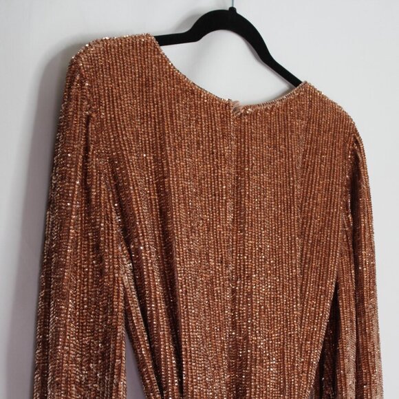 Retrofete Grace Sequin Long Sleeve Mini Dress with Velvet Tie Belt Bronze SizeXS - Picture 10 of 14